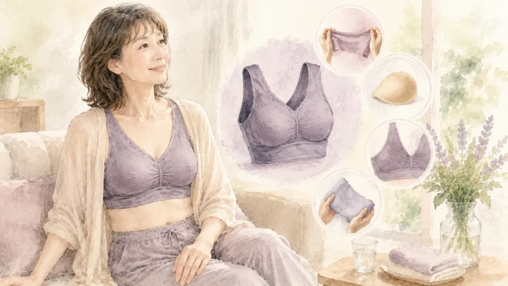 朝のクローゼット前でヴィアージュナイトブラを着用した50代女性がルームウェアを選び、体になじみやすい特徴や基本情報を表現した水彩画風の画像