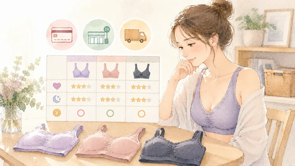 水彩画風のクローゼット前で、ナイトブラを上品に着用した女性が複数のインナーを見比べ、価格やサイズ展開と支払い方法を確認する様子