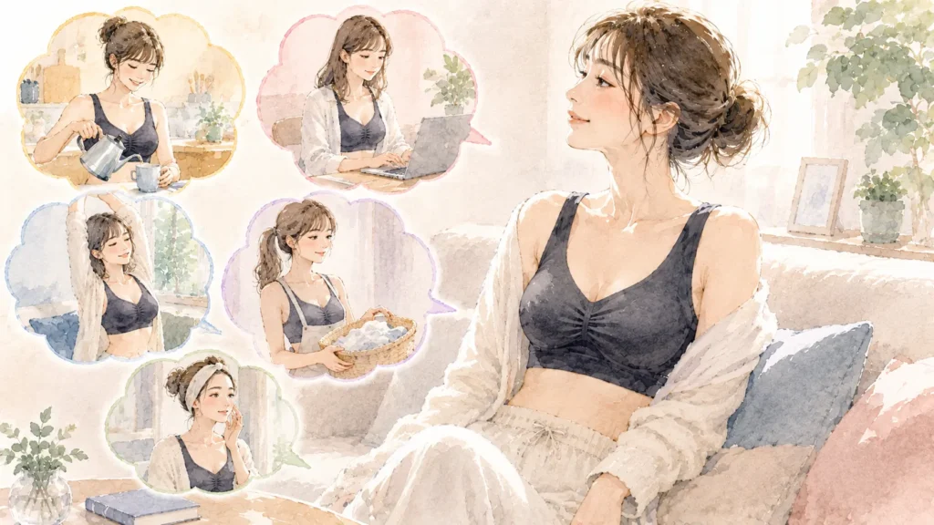 水彩画風の夕方のダイニングで、ナイトブラを着用した女性が口コミを確認しながら、昼間の着け心地や実際の使用感を中立に見ている画像
