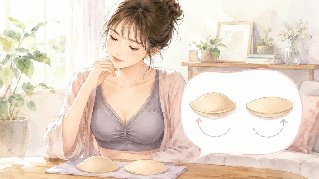 水彩画風の昼のリビングで、ナイトブラを着用した女性が自然に立ち、就寝時と日中で変わるパッドの向きの基本をやさしく確認する画像