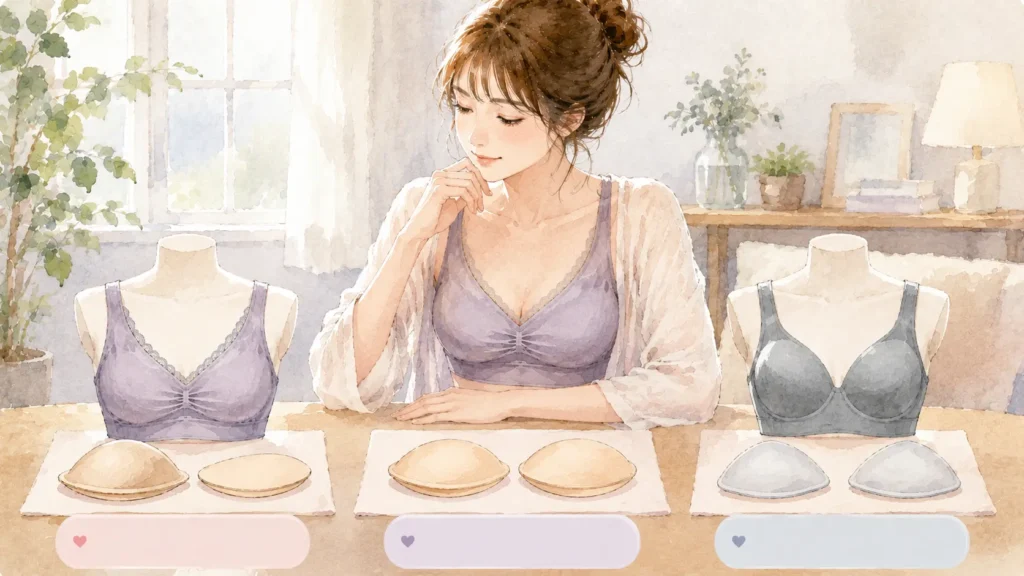水彩画風の朝のクローゼット前で、ナイトブラを着用した女性がルームウェアを選びながら、パッドの向きや仕様の違いを落ち着いて比較する画像