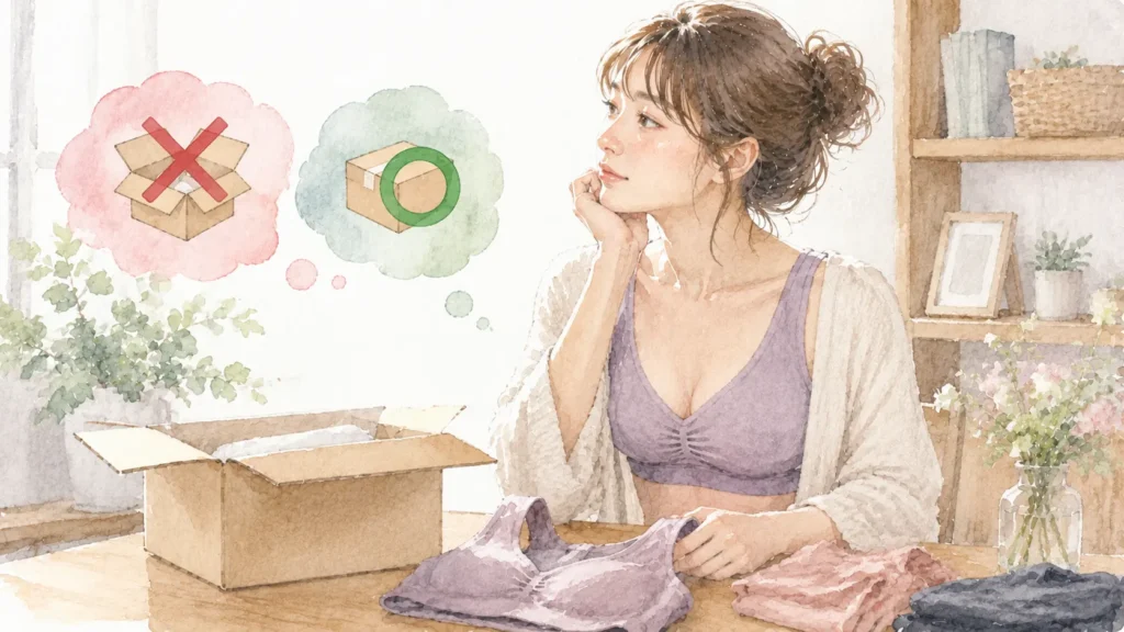 水彩画風のランドリースペースで女性が届いた商品を確認し、お客様都合の返品不可と返品できるケースの違いを表現した画像